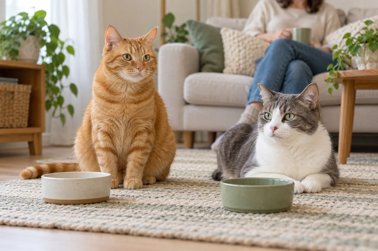 Two cats sitting together near a window at home