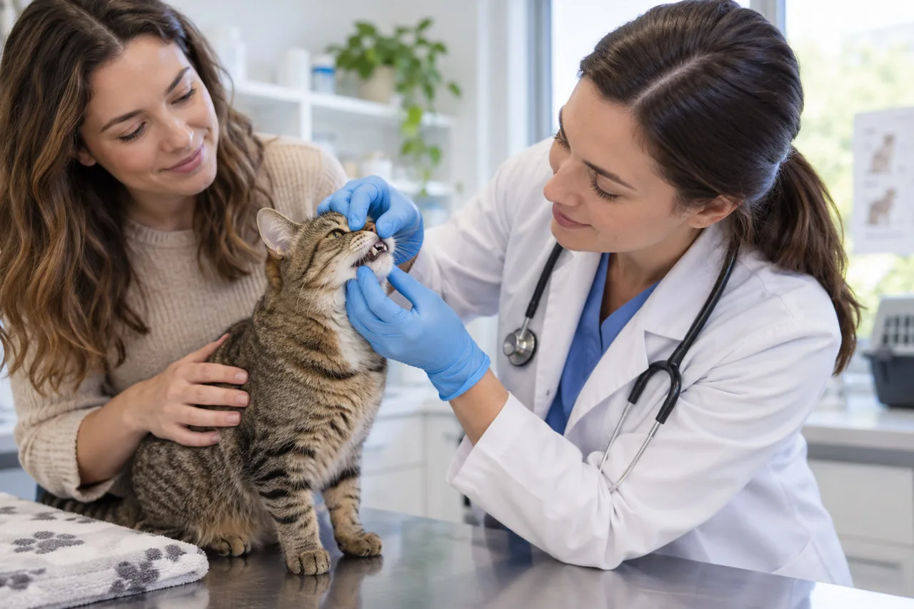 Veterinarian examining a cat with its owner nearby